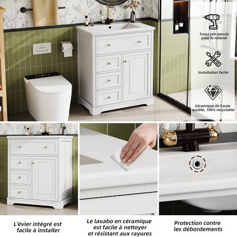 Armoire de salle de bain sur pied 76x46x87 cm avec vasque, sous-meuble, laque résistante à l'humidité, guidage de tiroir silencieux, cadre de porte, tiroir rabattable, vasque en céramique, blanc (1/5)