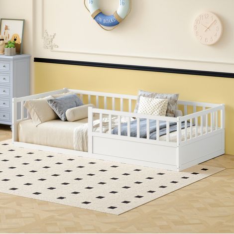 Bett Kinderbett bodennah 90x200 Kiefer weiß OKMYHOME (1/5)