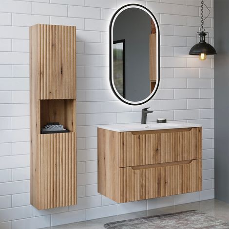 Conjunto de mueble con lavabo empotrado de 80 cm, 2 cajones y columna «Riva Bois»