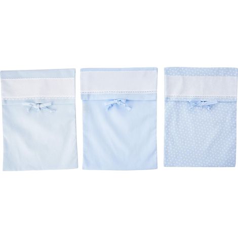 Lot de Trois Sachets Porte Layette avec Bandeau en Toile Aida à Broder, Réalisés en Piqué de Coton Coloré, Teinte Unie, Impression Trèfle et Imprimé Pois, Couleur Ciel (1/4)