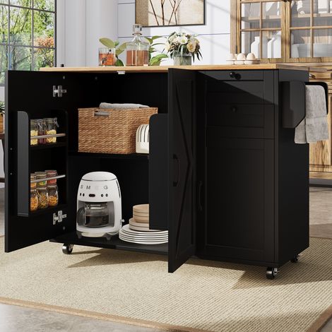 URBAN MEUBLE Îlot de cuisine roulante plateau pliable noir et effet bois 120x43.2x92cm (1/5)