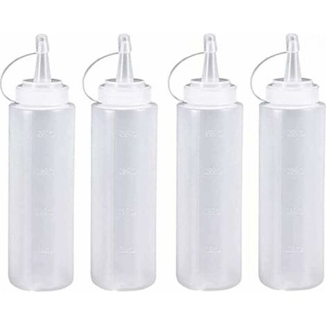 4 piezas，200 ml，Botella dispensadora，Botella exprimible，Botella para salsa，Botella para guarnición，Plástico，Blanco，con tapa de boquilla (1/5)