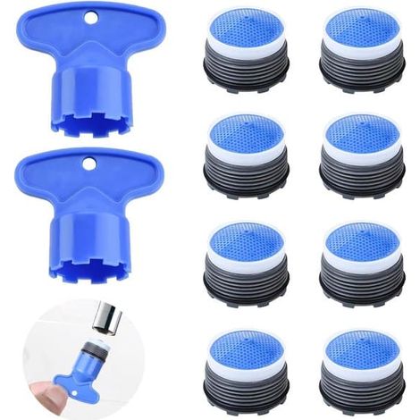 Ensemble de 8 pièces, aérateur M21.5, aérateur à économie d'eau, aérateur de robinet avec 2 clés de mélange, filtre en plastique pour salle de bain et cuisine, bleu (1/5)