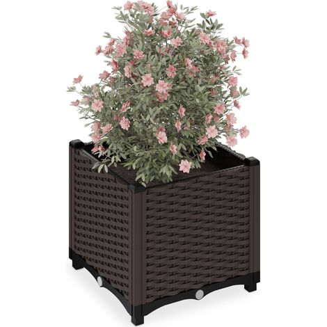 Relaxdays Planter, Rattan Look, HWD: 38 x 40 x 40 cm, Garden Plant & Flower Pot, Raised Bed, with Water Reservoir, Brown (1/5)
