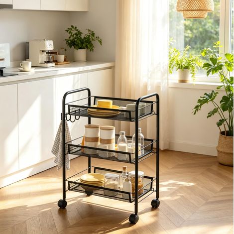 Carrello portatutto con ruote 45x26,5x63 cm in acciaio nero, 3 ripiani, salvaspazio (1/5)