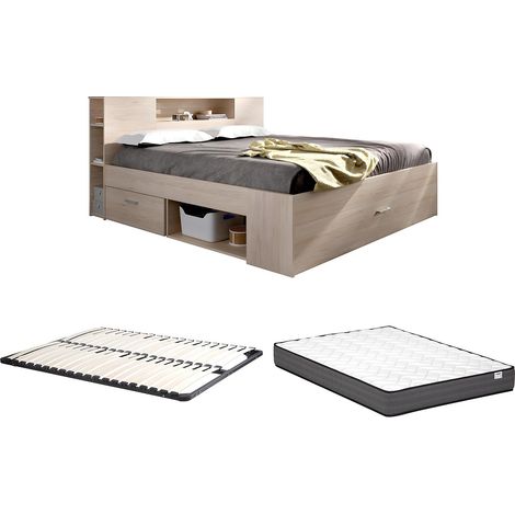 Letto con testata con vani portaoggetti e cassetti 160 x 200 cm Naturale + Rete a doghe + Materasso - LEANDRE