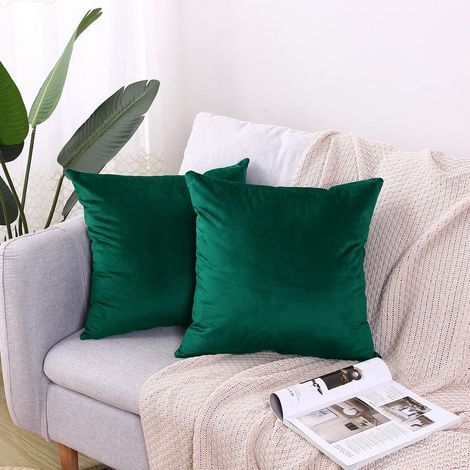 Lot de 2 Housse de Coussin Velours 40 x 40 cm Carrées Décoratives - Vert Foncé (1/5)