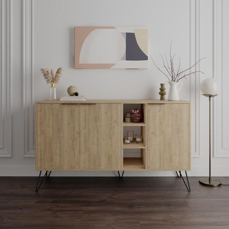 Madia Moderna Credenza 142x83 cm con 3 Ante e Vani a Giorno Zaffiro di Quercia (1/4)
