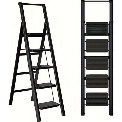 Escalera plegable 5 peldaños 85x42x161 cm de acero negro antideslizante MEUBLIV (1/5)