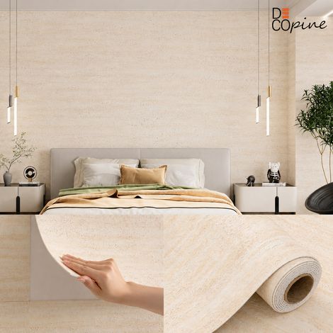 Papier peint autocollant 60 x 280 cm effet travertin texturé beige, revêtement mural PVC auto-adhésif effet pierre decopine (1/5)