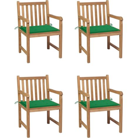 Sillas de jardín 4 uds madera maciza de teca con cojines verdes
