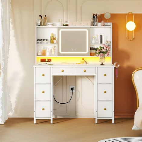 Dressing Table with 8 Drawers and Movable LED Mirror, Vanity Desk with Built-in USB Power Outlets & RGB Light Strip, 4-Layer Adjustable Shelves