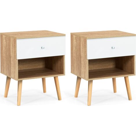 Idmarket – Lot de 2 tables de chevet scandinaves 1 tiroir – Niche inférieure – Hêtre et blanc – Dimensions 40x34x50 cm