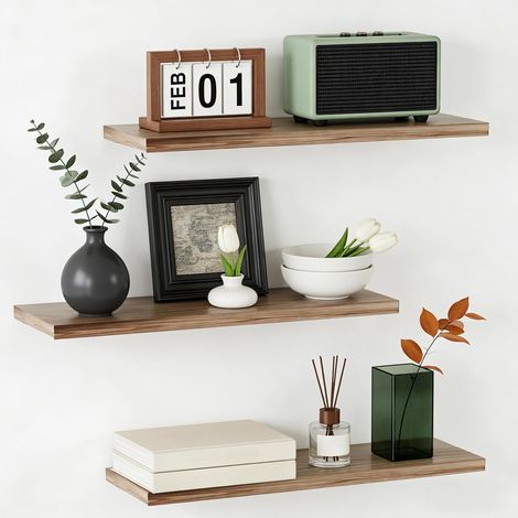 Lot de 3 Étagère Murale en Bois 40x15x3 cm, Brun Étagère de Salle de Bain, Étagères Murales Flottantes de Style Rustique pour Maison, Salle de Bain, Cuisine (1/5)