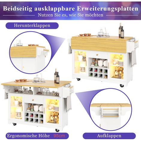 Desserte de cuisine blanche avec éclairage LED RGB, plateaux rabattables et étagères réglables, porte-bouteilles pour cuisine et bar (1/5)