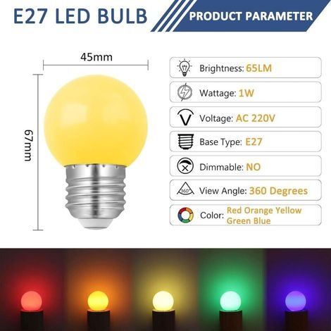 10er-Pack E27 1W LED-Farblampen, entspricht 10W Glühlampe, 1W G45 Energiesparlampen, Mini-Kugellampen, Rot, Grün, Blau, Orange, Gelb, für Hochzeiten, Halloween, Weihnachten (1/4)