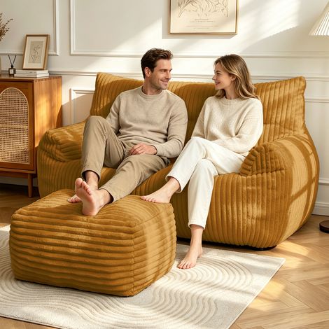 Canapé pouf géant ergonomique en flanelle jaune, confort moelleux, sans montage, pour salon et chambre (1/5)