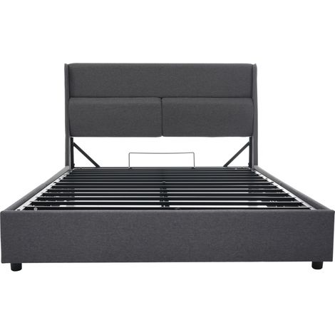 Cama doble 160x200 cm de lino gris con cabecero regulable y somier metálico (1/5)