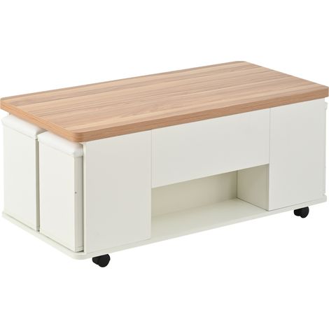 Mesa de centro elevable multifunción 100 x 50 x 45 cm blanca y efecto madera con 4 taburetes y cajón (1/5)