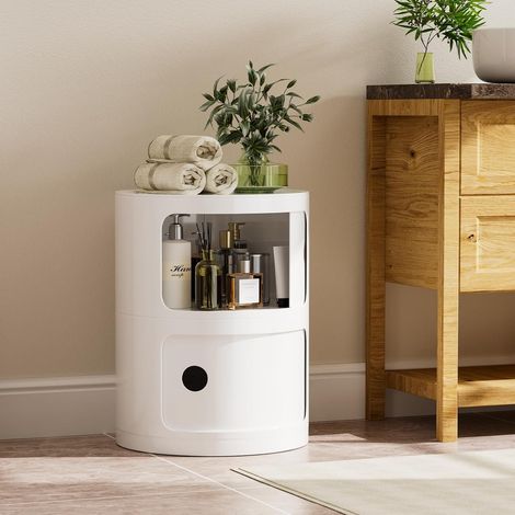 H.J WeDoo Table de Chevet Ronde, Table de Salon avec Espace de Rangement pour Chambre, Salon, Salle de Bain Table d'appoint Blanche Module à 2 Compartiments × 1