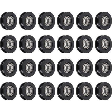 24pcs Poulie à Roulement à Billes en U Gorge, Roue Roulement à Guidage en Nylon Type U Rainure 6x31x11mm, Roulements à Rouleaux pour Imprimantes 3D Portes Fenêtres, Noir (1/5)