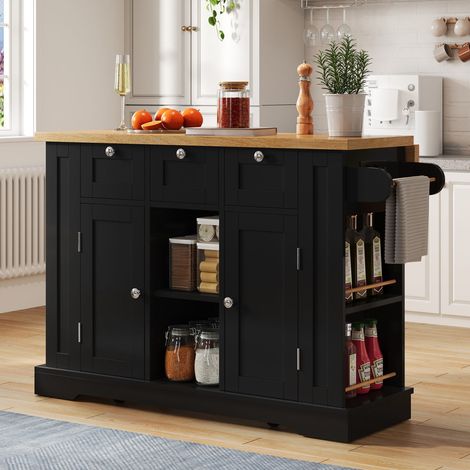 Îlot de cuisine mobile 132 x 40-70 x 87 cm noir et bois avec plateau rabattable, rangements, prise USB et roulettes (1/5)
