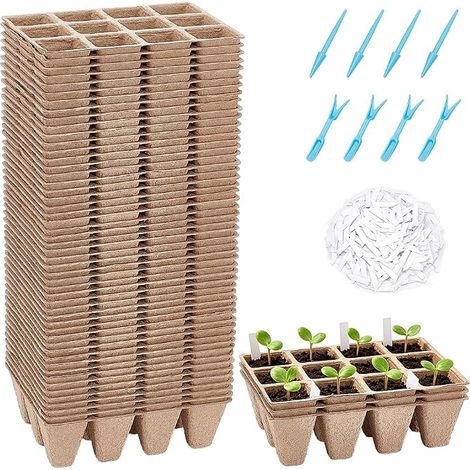 Peat Pots 720 Cell Seed Tray Seedling Starter Kit 60 Pack Includes 600 PVC Plastic Labels and 8 Transplanting Seedlings (1/5)