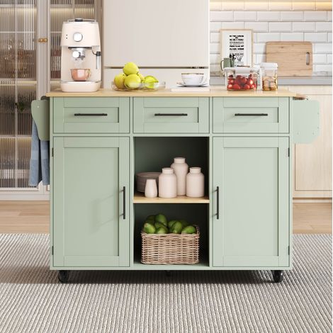 Isola cucina 139x46(71)x91,5 cm con piano ribaltabile, contenitori e ruote, MDF verde e legno (1/5)