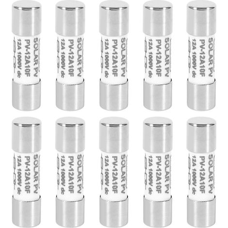 Lot de 10 fusibles antidéflagrants 1000 V CC pour panneaux photovoltaïques solaires - Argent - 12 A (1/4)