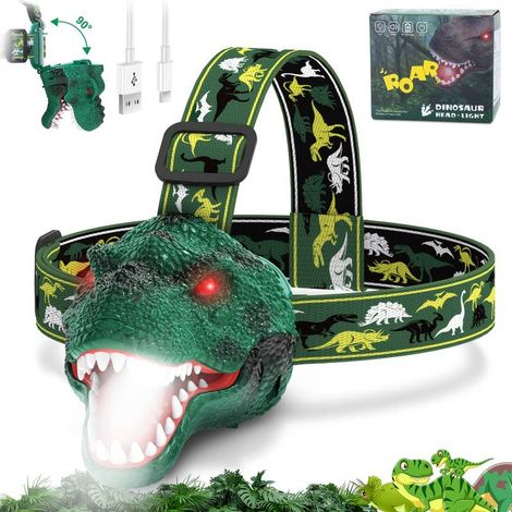 Brüllende Dinosaurier-LED-Stirnlampe, USB-aufladbar, 90° drehbare Kinder-Stirnlampe, Dinosaurier-Spielzeug-Stirnlampe, ideal für Heimdekoration, Geburtstage, Weihnachten, Halloween und andere Anlässe. (1/5)