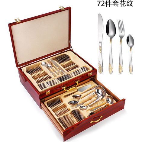 (Ensemble de 72 pièces - à motifs) Ensemble de couverts en acier inoxydable comprenant couteaux, fourchettes et cuillères