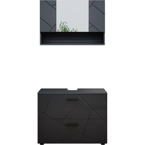 Ensemble de meubles de salle de bain Irma, Anthracite Haute brillance, 2 pièces, armoire basse 80 cm, Vicco