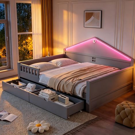 Einzelbett 140x200 cm grau aus Massivholz und MDF mit LED-Lichtleiste und 2 Schubladen (1/5)