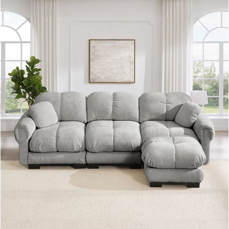 Divano angolare a L 3 posti in ciniglia grigio chiaro con chaise longue mobile e 2 cuscini (1/5)
