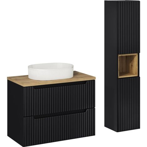 Ensemble Meuble Salle de Bain 2 tiroirs + Vasque + Plateau L 80 x P 40 x H 59,5 cm + Colonne - Astral - Noir et effet chêne - Livraison gratuite