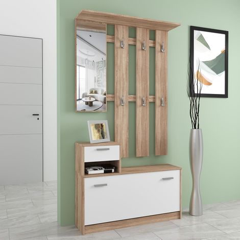 Mobile Belem Mobiletto da Ingresso con Scarpiera Appendiabiti e Specchio Arredo Arredamento Corridoio Entratina 97 x 35 x 25 cm (Bianco e Grigio Cemento) - Colore: Bianco e Quercia (1/5)
