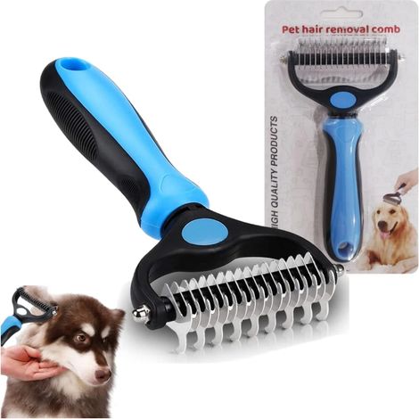 Outil de toilettage 2 en 1 pour animaux de compagnie - Peigne démêlant et râteau à sous-poil pour chats et chiens à poils longs (Bleu) (1/5)