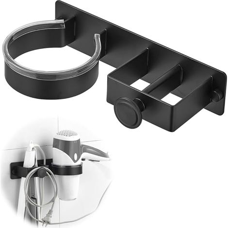 Föhnhalter Wand Ohne Bohren, Föhn und Glätteisen Halterung, Haartrocknerhalter mit Kabelhalter, Aluminium Badorganizer Multifunktional für Hotel Baderzimmer Wohnzimmer Barbershop, Schwarz