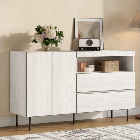 Buffet 140x42x77 cm blanc en panneaux de particules avec étagères ouvertes, 2 portes, 2 tiroirs et fermeture douce (1/5)