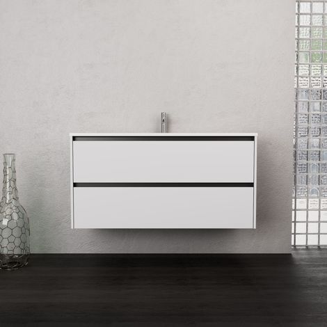 Inda - Badezimmerschrank 2 Schubladen B.120 mit mattiertem Waschbecken / Mattweiß - Smeraldo