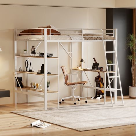 lit adulte mezzanine bureau rangement 90x200 métal blanc OKMYHOME (1/5)
