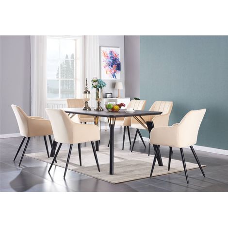 Cosmo LUX Camden Dining Set - a Walnut Wooden Dining Table and Set of 6 Cream Velvet Dining Chairs - Dining Room Kitchen (1/5)