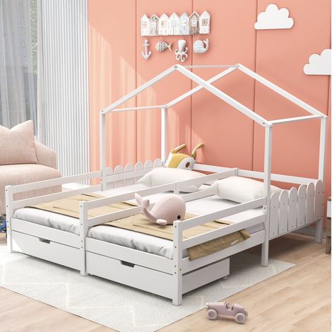 Letto a casetta doppio in legno massello bianco con 2 cassetti e rete a doghe, per 2 materassi 200x90 cm (1/5)