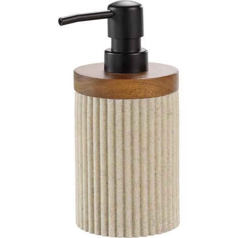 Seifenspender – 1 Stück – Polyresin und Akazie – Elegantes Design, wasserfest – Für moderne Badezimmer – Natur 8 x 17 cm (1/3)