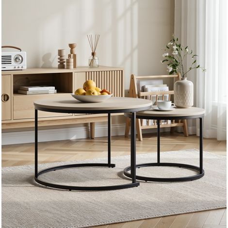 Mesa baja nido 70x70x45 cm en madera color roble, ahorro de espacio para salón, FloraGrace (1/5)