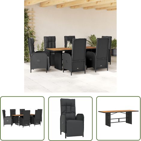 The Living Store 7-tlg. Garten-Essgruppe mit Kissen Schwarz Poly Rattan - Gartenmöbel - Esstisch - Gartenset - Outdoor Möbel - Rattan Sessel (1/5)