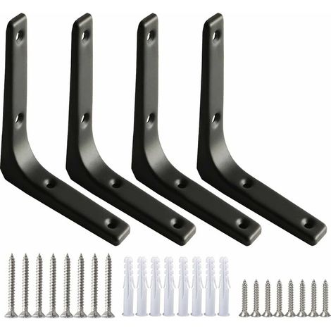 Lot de 4 équerres de fixation noires en acier inoxydable 100 x 100 mm, équerres d'angle métalliques pour la fixation et la réparation de meubles, renforcement des joints, noires (1/5)
