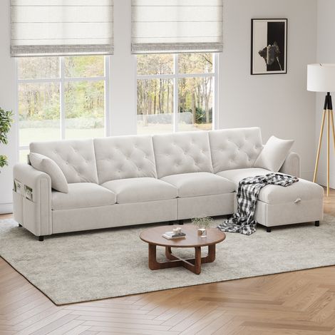 Sofá de esquina convertible de terciopelo beige 281x132x86 cm, chaise longue izquierda o derecha, con almacenaje
