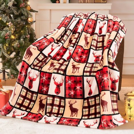 Coperta natalizia - Coperta in pile di flanella leggera con fiocco di neve e cervo - Ultra calda e accogliente - 100 x 130 cm - Perfetta per divano, letto, regali, animali domestici (1/5)