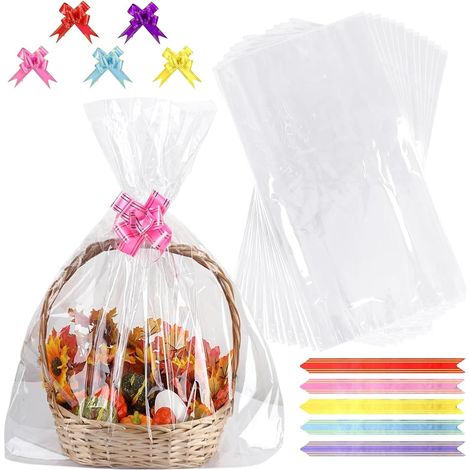20 Pcs Grands Sacs en Cellophane Set, 10 Transparent Emballage Cadeau 100 x 70 cm Grands Sacs en Cellophane Transparente avec 10 Nœuds pour Paniers Cadeaux Artisanat Fleurs (1/5)